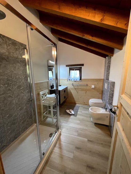 Bagno privato con doccia, wc e bidet, rivestito in legno